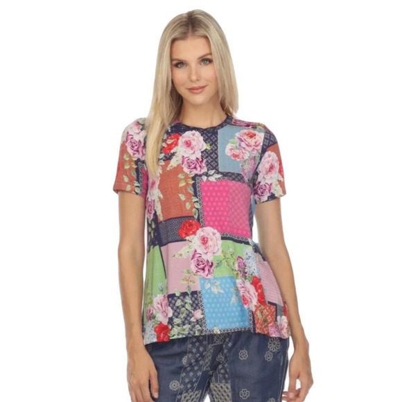 Johnny Was Los Angeles Floral Patchwork Print T-Shirt Short Sleeve Colorful XS - Picture 1 of 9